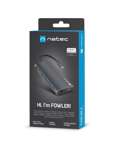 Multiport Adapter Natec Fowler 2 V2 Usb-C 8W1 Hub - Usb 3.0 3X, Hdmi 4K, Usb-C, Rj45, Sd, Micro Sd