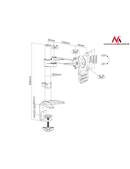 Uchwyt Biurkowy Do Monitora Maclean Mc-717 (Biurkowy, Obrotowy, Uchylny - 27"  Max. 8Kg)