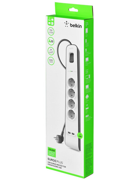 Listwa Zasilająca Belkin Power Surge 4-Port + 2Xusb-A 2M Grey/White Schuko