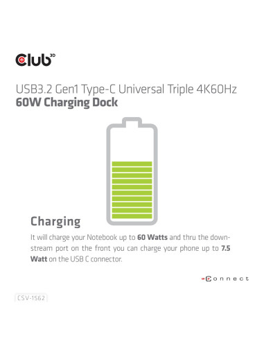 Club3D Csv-1562 Stacja Dokująca Dokujący Usb 3.2 Gen 1 (3.1 Gen 1) Type-C Czarny