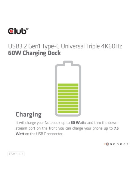 Club3D Csv-1562 Stacja Dokująca Dokujący Usb 3.2 Gen 1 (3.1 Gen 1) Type-C Czarny