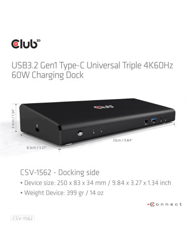 Club3D Csv-1562 Stacja Dokująca Dokujący Usb 3.2 Gen 1 (3.1 Gen 1) Type-C Czarny