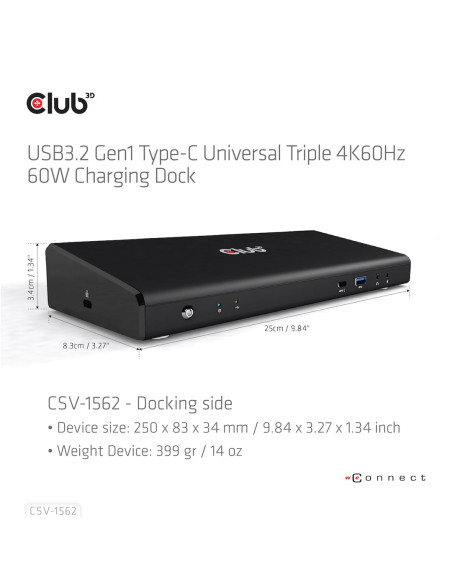 Club3D Csv-1562 Stacja Dokująca Dokujący Usb 3.2 Gen 1 (3.1 Gen 1) Type-C Czarny
