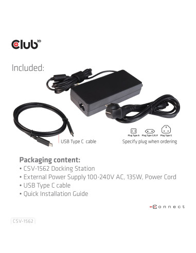 Club3D Csv-1562 Stacja Dokująca Dokujący Usb 3.2 Gen 1 (3.1 Gen 1) Type-C Czarny