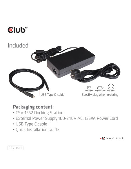 Club3D Csv-1562 Stacja Dokująca Dokujący Usb 3.2 Gen 1 (3.1 Gen 1) Type-C Czarny