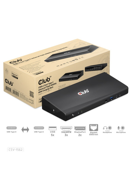 Club3D Csv-1562 Stacja Dokująca Dokujący Usb 3.2 Gen 1 (3.1 Gen 1) Type-C Czarny