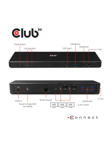 Club3D Csv-1562 Stacja Dokująca Dokujący Usb 3.2 Gen 1 (3.1 Gen 1) Type-C Czarny