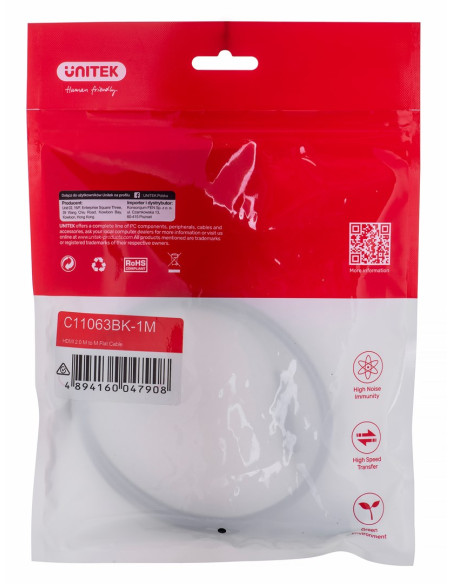 Unitek Kabel Hdmi 2.0 4K60Hz, Płaski, 1M, C11063Bk