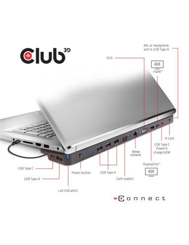 Club3D Csv-1564W100 Stacja Dokująca Dokujący Usb 3.2 Gen 1 (3.1 Gen 1) Type-C Czarny