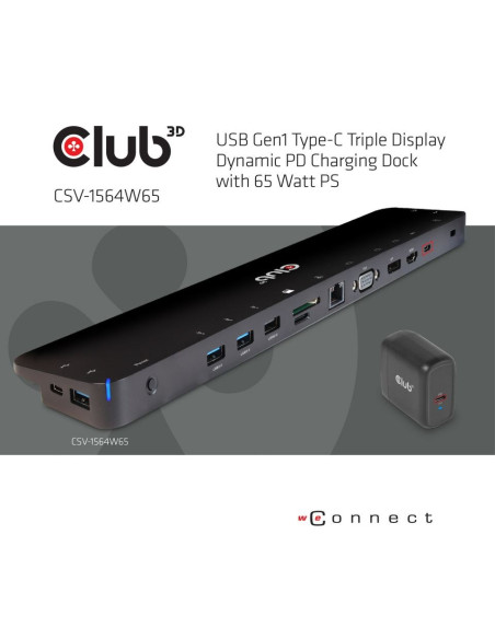Club3D Csv-1564W65 Stacja Dokująca Dokujący Usb 3.2 Gen 1 (3.1 Gen 1) Type-C Czarny