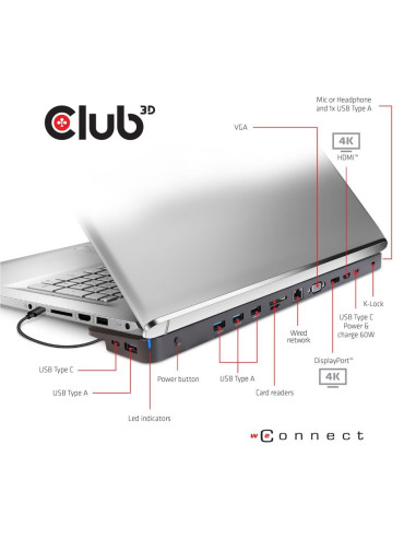 Club3D Csv-1564W65 Stacja Dokująca Dokujący Usb 3.2 Gen 1 (3.1 Gen 1) Type-C Czarny
