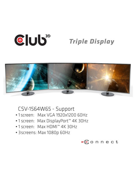 Club3D Csv-1564W65 Stacja Dokująca Dokujący Usb 3.2 Gen 1 (3.1 Gen 1) Type-C Czarny