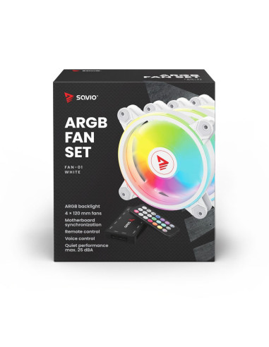 Savio Zestaw 4 Wentylatorów Argb 120 Mm Wraz Z Kontrolerem Oraz Pilotem Fan-01 White