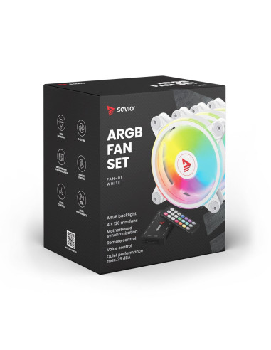 Savio Zestaw 4 Wentylatorów Argb 120 Mm Wraz Z Kontrolerem Oraz Pilotem Fan-01 White