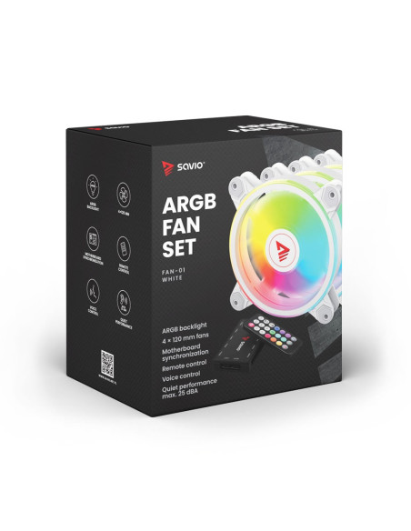 Savio Zestaw 4 Wentylatorów Argb 120 Mm Wraz Z Kontrolerem Oraz Pilotem Fan-01 White