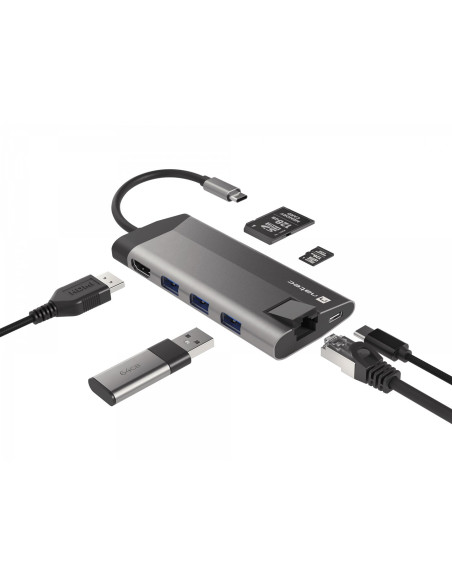 Natec Multiport Adapter Fowler Plus Usb-C-  Usb 3.0 3X, Hdmi 4K, Usb-C Pd, Rj45, Micro Sd Nmp-1690