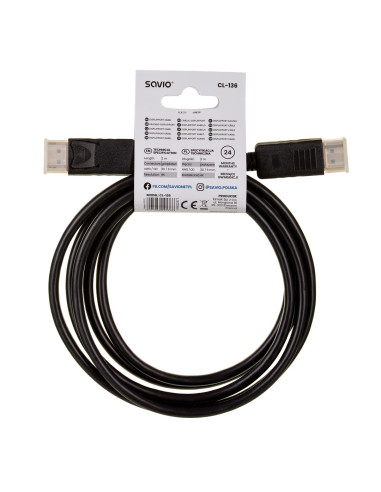 Kabel Savio Cl-136 (Displayport M - Displayport M  2M  Kolor Czarny)