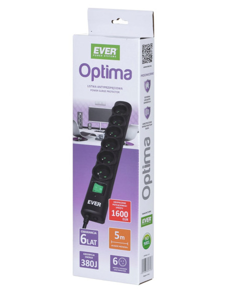 Listwa Przeciwprzepięciowa Ever Optima 5,0M (6 X Ute  10 A  Kolor Czarny) (T/Lz08-Opt050/0000)