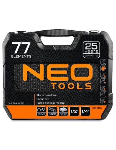 Neo Klucze Nasadowe 1/4" 1/2" Zestaw 77Szt Crv 08-915