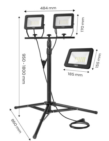 Reflektor Podwójny 2X50W Smd Led 8500Lm 230V Na Statywie 1.8M