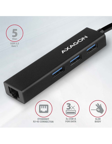 Axagon Hma-Gl3A Multiport-Hub Usb 3.0 Typ A Gbit-Lan 3X Usb-A Microsd Przewodowa Usb 3.2 Gen 1 (3.1 Gen 1) Type-A Czarny