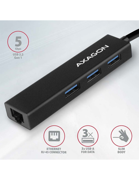 Axagon Hma-Gl3A Multiport-Hub Usb 3.0 Typ A Gbit-Lan 3X Usb-A Microsd Przewodowa Usb 3.2 Gen 1 (3.1 Gen 1) Type-A Czarny