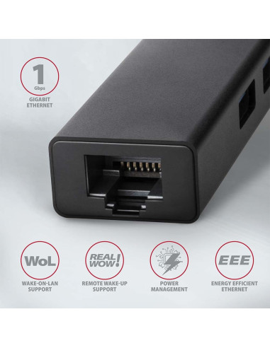 Axagon Hma-Gl3A Multiport-Hub Usb 3.0 Typ A Gbit-Lan 3X Usb-A Microsd Przewodowa Usb 3.2 Gen 1 (3.1 Gen 1) Type-A Czarny
