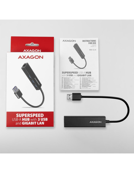 Axagon Hma-Gl3A Multiport-Hub Usb 3.0 Typ A Gbit-Lan 3X Usb-A Microsd Przewodowa Usb 3.2 Gen 1 (3.1 Gen 1) Type-A Czarny