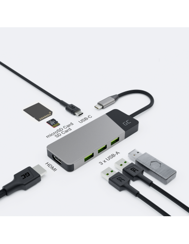 Green Cell Hub Usb-C Adapter Gc Connect 7W1 (3Xusb 3.1, Hdmi 4K 60Hz, Usb-C Pd 85W, Microsd/Sd)