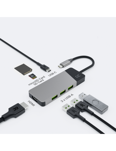 Green Cell Hub Usb-C Adapter Gc Connect 7W1 (3Xusb 3.1, Hdmi 4K 60Hz, Usb-C Pd 85W, Microsd/Sd)