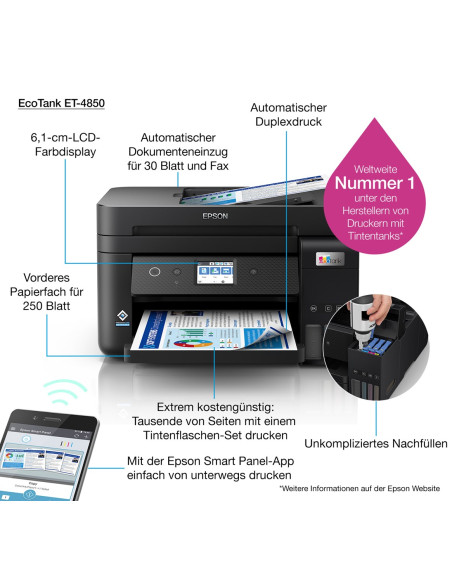 Epson Ecotank Et-4850 Atramentowa A4 4800 X 1200 Dpi 33 Stron/Min Wi-Fi