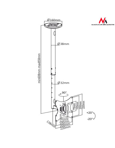 Uchwyt Sufitowy Do Telewizora Maclean Mc-504B (Obrotowy, Sufitowy, Uchylny  23" - 42"  Max. 30Kg)