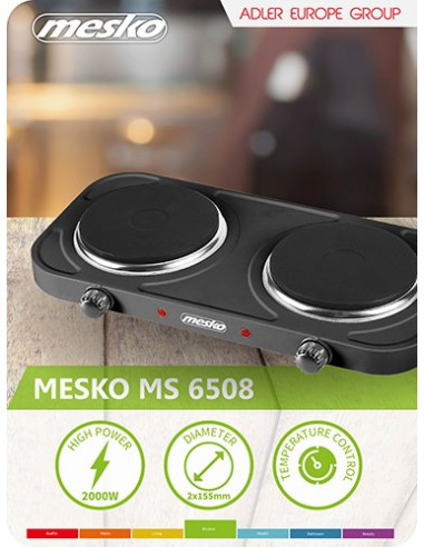 Mesko Home Ms 6509 Płyta Kuchenna Czarny Blat Płyta Uszczelniona 2 Stref(Y)