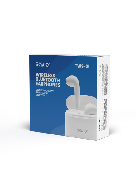 Słuchawki Bezprzewodowe Savio Tws-01 (Douszne  Bezprzewodowe, Bluetooth  Z Wbudowanym Mikrofonem  Kolor Biały