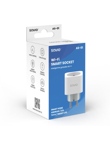 Savio Inteligentne Gniazdko Wi-Fi, 16A, Timer, Pomiar Zużycia Energii, As-01