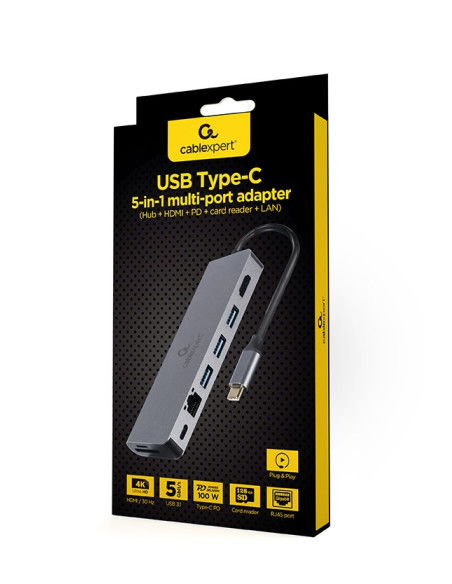 Gembird Multi Adapter Usb Typ-C 5W1 Hub, Hdmi, Czytnik Kart, Lan, Pd - 100W)