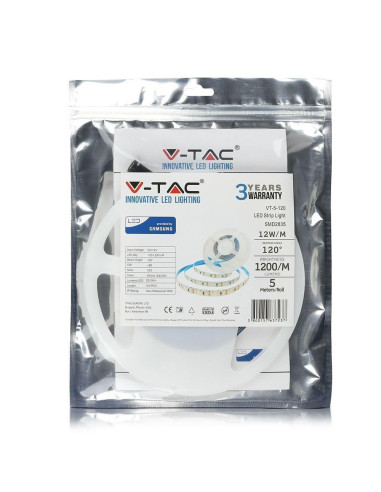 Taśma Led V-Tac Vt-5-120 600Led Samsung Chip 2835 12V Ip20 12W/M 6000K 1200Lm (Sku 325)