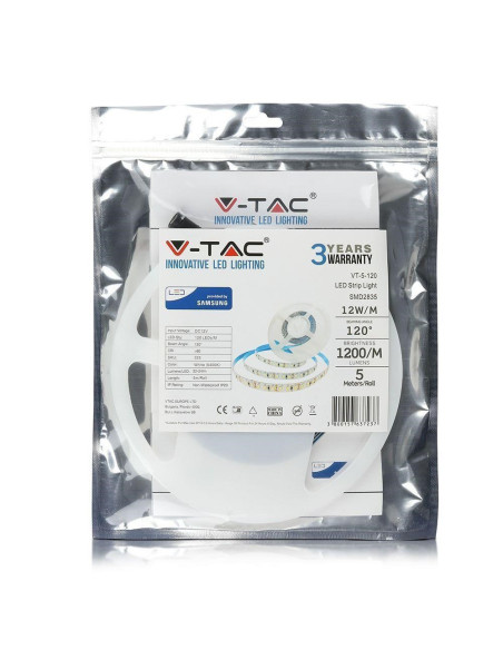 Taśma Led V-Tac Vt-5-120 600Led Samsung Chip 2835 12V Ip20 12W/M 6000K 1200Lm (Sku 325)