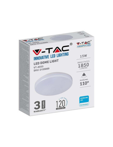 Plafon V-Tac Vt-8033 Natynkowy 15W Led Samsung Chip Ip44 120Lm/W 4000K 1850Lm (Sku 2155669) Biały