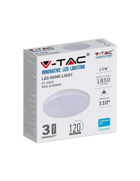 Plafon V-Tac Vt-8033 Natynkowy 15W Led Samsung Chip Ip44 120Lm/W 4000K 1850Lm (Sku 2155669) Biały
