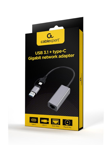 Gembird Adapter Usb Typ 3.1 + Usb-C -  Lan Rj45 Gigabit 15Cm