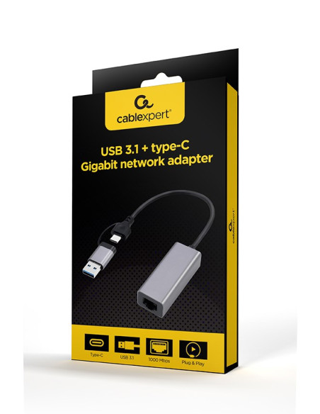Gembird Adapter Usb Typ 3.1 + Usb-C -  Lan Rj45 Gigabit 15Cm