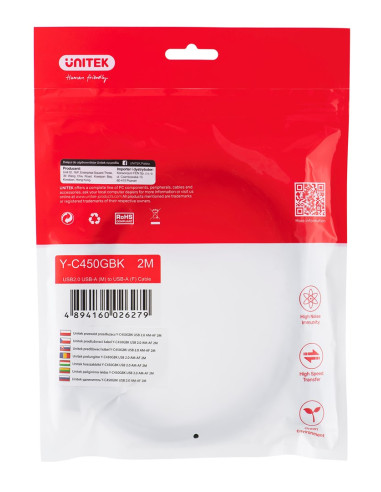 Unitek Przedłużacz Usb 2.0, Am-Af, 2M, Y-C450Gbk