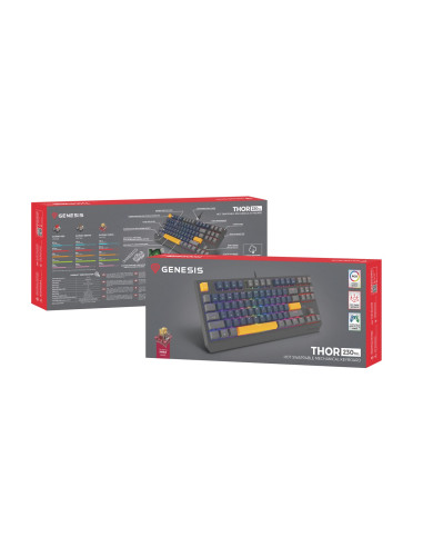 Genesis Thor 230 Tkl Klawiatura Gaming Usb + Rf Wireless + Bluetooth Qwerty Czarny, Niebieski, Szary, Pomarańczowy