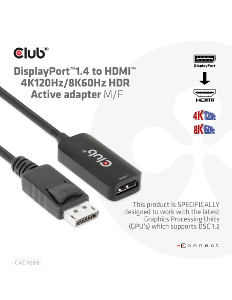 Club3D Cac-1088 Adapter Kablowy 0,21 M Displayport Hdmi Czarny
