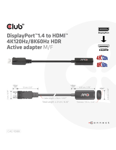 Club3D Cac-1088 Adapter Kablowy 0,21 M Displayport Hdmi Czarny