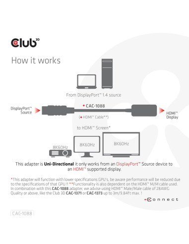 Club3D Cac-1088 Adapter Kablowy 0,21 M Displayport Hdmi Czarny