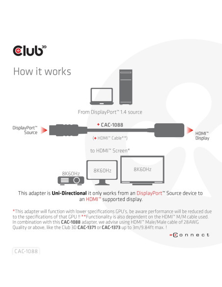 Club3D Cac-1088 Adapter Kablowy 0,21 M Displayport Hdmi Czarny