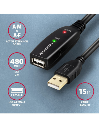 Axagon Adr-215 Usb 2.0 A-M -  A-F Active Extension/Repeater Cable 15M - Kabel - Digital/Daten Kabel Usb Usb A Czarny