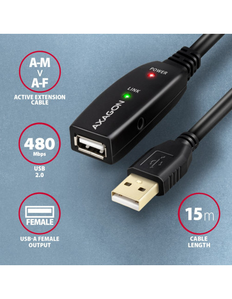 Axagon Adr-215 Usb 2.0 A-M -  A-F Active Extension/Repeater Cable 15M - Kabel - Digital/Daten Kabel Usb Usb A Czarny